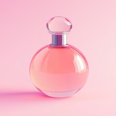 Round, translucent, pink perfume bottle on a pink background.