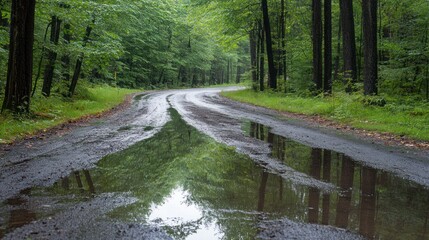 A winding wet road reflecting trees after a rainfall in the forest