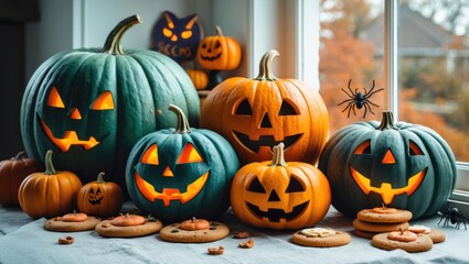 Fototapeta premium Fall-themed photo featuring Halloween pumpkins and home decorations.