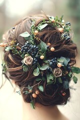 Floral updo with berries and roses