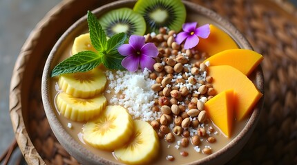 Vegan smoothie bowl with tropical fruits,