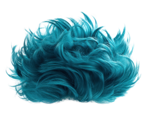 Vibrant teal wig with dramatic styling showcases playful and bold look, perfect for creative expressions and fashion statements. This unique hairpiece adds flair to any outfit