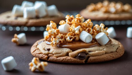 Homemade chocolate chip cookies paired with caramel popcorn and a beautifully decorated cookie behind.