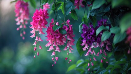 Fototapeta premium Fuchsia flowers dangling in shades of pink, purple, and white
