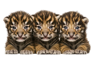 Adorable tiger cubs, close-up  Three tiny, sweet faces