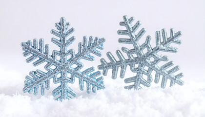 Two Glittery Silver Snowflakes on Snow: Winter Holiday Background