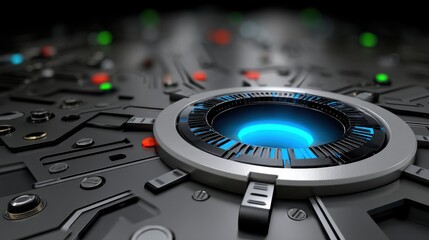 Close-up of a futuristic digital interface with glowing blue elements and intricate circuitry design