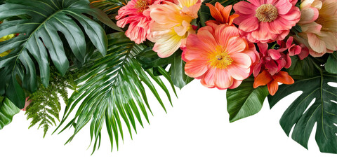 Tropical Floral Arrangement With Vibrant Pink Flowers And Lush Green Leaves. Exotic Nature Isolated On Transparent Background