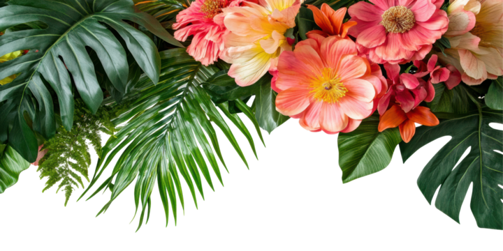 Tropical Floral Arrangement With Vibrant Pink Flowers And Lush Green Leaves. Exotic Nature Isolated On Transparent Background
