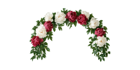 Floral Arch With Red And Peonies. Elegant Decoration For Weddings And Events Isolated On Transparent Background