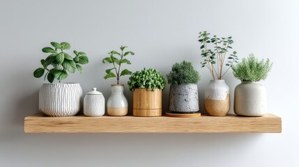 a white wooden shelf with potted plants on a white isolated background, modern and fresh look