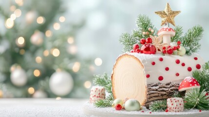 Christmas Yule Log Cake: A delectable Yule log cake, adorned with festive decorations, sits on a table against a softly blurred background of a Christmas tree and ornaments.
