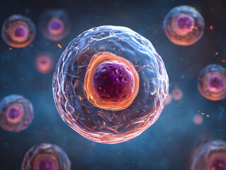 Cellular Microcosm: Delve into the intricate world of a single cell, visualized in stunning detail, showcasing its nucleus and cytoplasm in a vibrant, close-up view. 