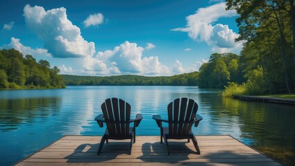 Naklejka premium Peaceful lake view from the pier with Adirondack chairs