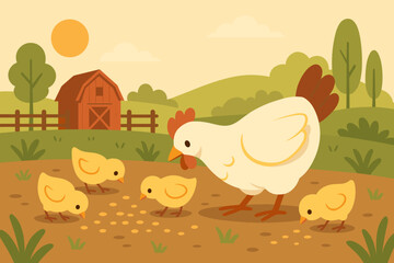 The countryside is depicted with a focus on raising and nourishing poultry