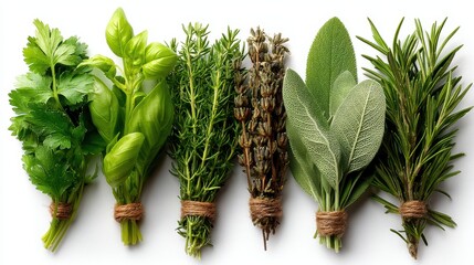 a set of fresh herbs on a white isolated background, green and aromatic look