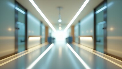 Fototapeta premium An interior with a blurred background displaying an empty long corridor, treatment rooms, and a waiting space for patients and families, enhanced by bright white lights.