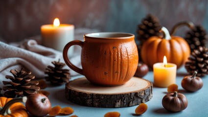 Autumn-inspired cozy decor featuring a cup of tea, candles, and pumpkins.