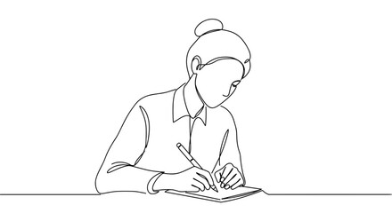 Young woman writing in notebook in minimalist line art style  