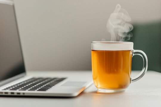 A steaming cup of tea beside a laptop on a white desk.