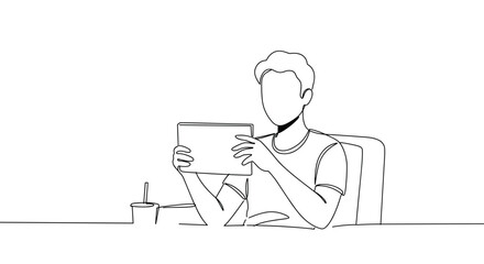 Line art person engaging with a tablet at a minimalist desk  