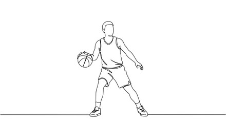 Fototapeta premium One-line art of a basketball player dribbling against a plain background 