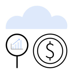 Cloud above magnifier with growth chart and coin. Ideal for finance, analytics, growth, economy, investment, business strategy simple landing page. Line metaphor. Simple line icons