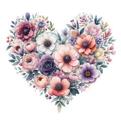 In Watercolour technique a heart shape made of flowers. Soft colours. Isolated on transparent background. Mother' Day, Parent's Day, Valentine's Day, Wedding Day