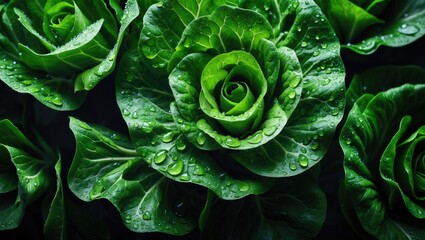 Fototapeta premium Top-Down Shot of Lettuce Featuring Water Droplets in Detail