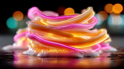 Abstract glowing neon light trails creating a colorful layered appearance on water surface at night