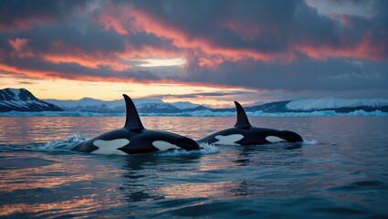 Naklejka premium Sunset scene with an orca traversing the water