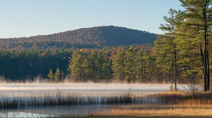 A misty lake scene with forested mountains and trees in nature