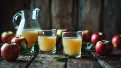 Detailed view of apple juice on wooden tabletop