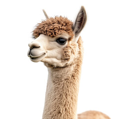 Obraz premium Side view of a cute brown alpaca head close-up with fluffy fur and clear eye, cut out, isolated on a transparent background, no shadow