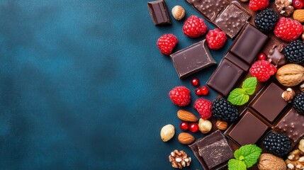 Chocolates and Berries Delight: A mouthwatering medley of rich dark chocolate squares, paired with succulent raspberries and juicy blackberries, and a sprinkle of nuts.