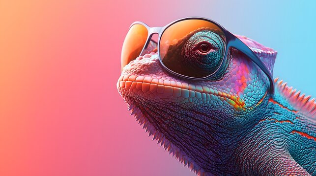 Colorful chameleon wearing stylish sunglasses