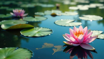 Water lilies form a floral pattern on calm lake surface, scenic, pink