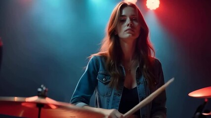 Young woman playing the drums in a night club