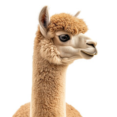 Obraz premium Side view of a cute brown alpaca head close-up with fluffy fur and clear eye, cut out, isolated on a transparent background, no shadow