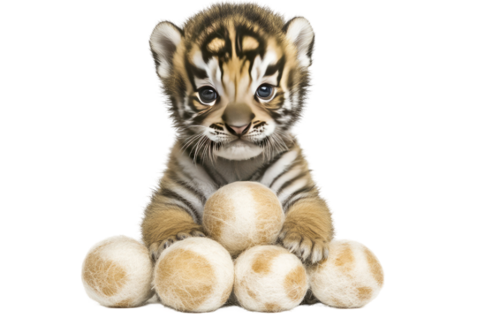 Adorable tiger cub sits amidst soft balls