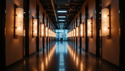 A modern corridor illuminated by elegant wall lights, showcasing sleek design and a reflective floor. 3D render, Generative AI.