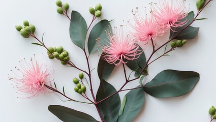 White background featuring pink eucalyptus flowers, buds, and leaves