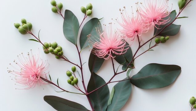 White background featuring pink eucalyptus flowers, buds, and leaves