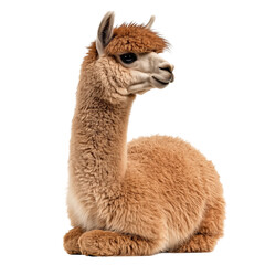 Fototapeta premium Side view of a fluffy brown alpaca sitting on the ground, looking forward, cut out, isolated on a transparent background, no shadow