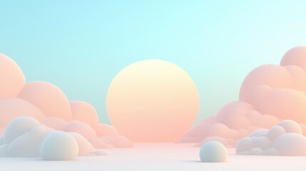 A serene digital landscape with a large, pale yellow sun, fluffy clouds, and a soft, pastel color palette.