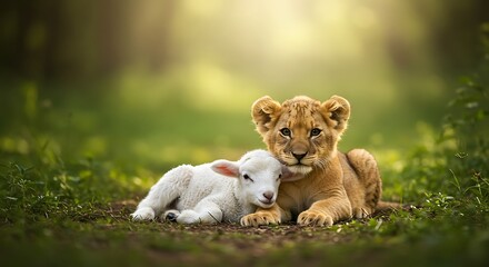 Lion Cub and Lamb Lying Together in Grassy Field