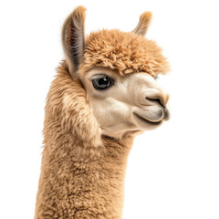 Obraz premium Side view of a cute brown alpaca head close-up with fluffy fur and clear eye, cut out, isolated on a transparent background, no shadow
