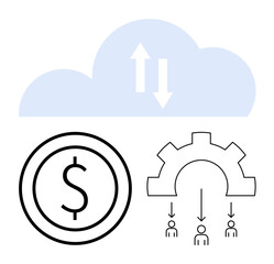 Cloud with data transfer arrows, dollar sign in circle, and cog funneling tasks to people. Ideal for technology, finance, data flow, automation, cloud computing, teamwork simple landing page