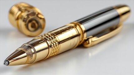 a luxurious gold pen on a white isolated background, sleek and professional design