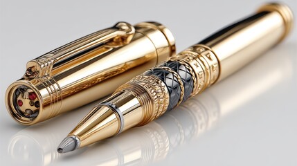 a luxurious gold pen on a white isolated background, sleek and professional design